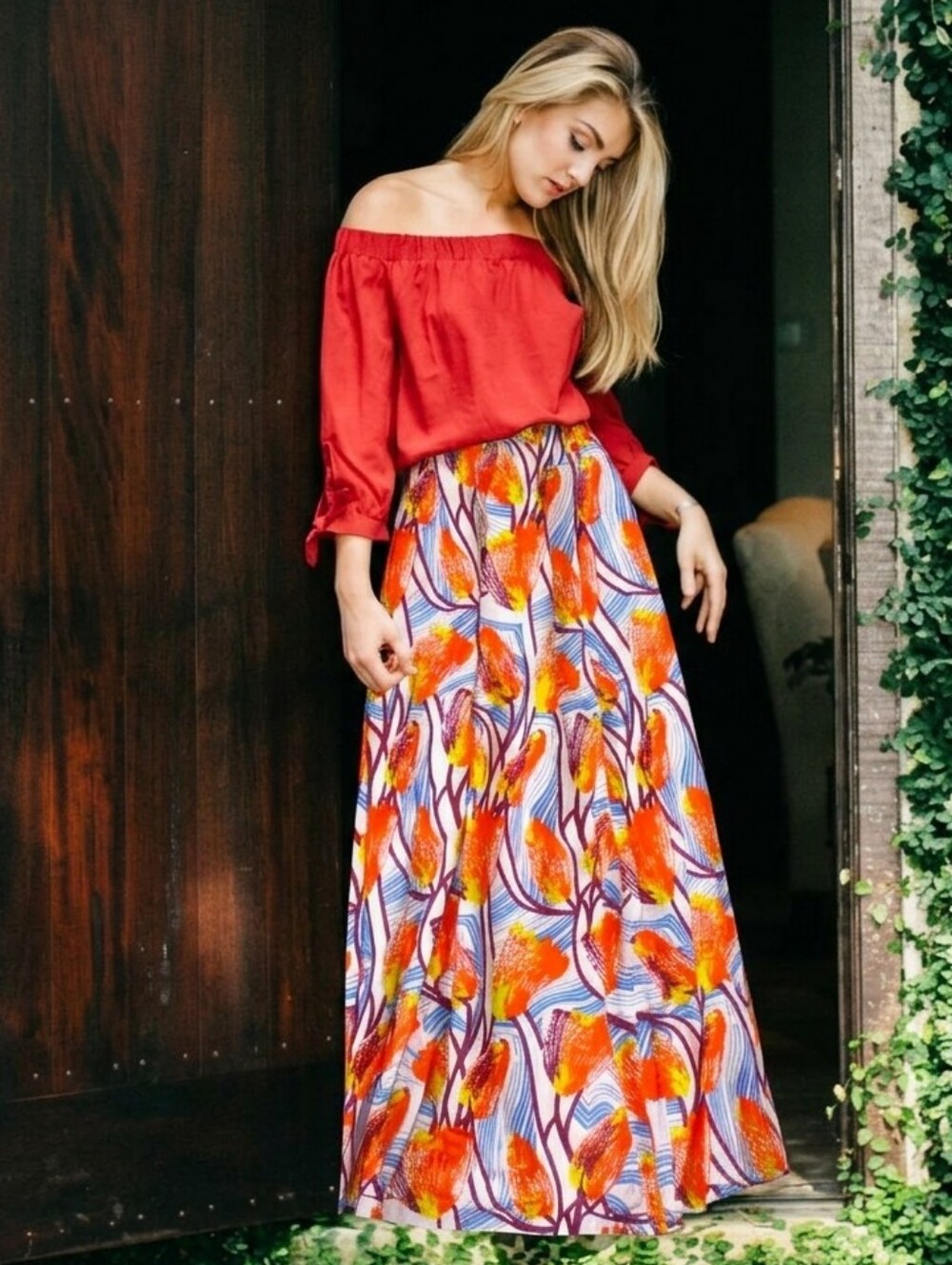 NWT Francis + Benedict Maxi in Orange Poppy Floral Cotton A-line Skirt M $158